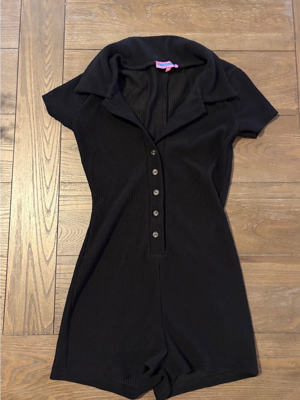 Edikted Black Ribbed Button-Front Romper Dress